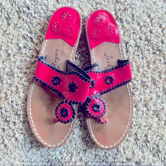 Jack Rogers sandals thongs flip flops Lisa 8.5 leather bright hot pink navy blue - Picture 6 of 15